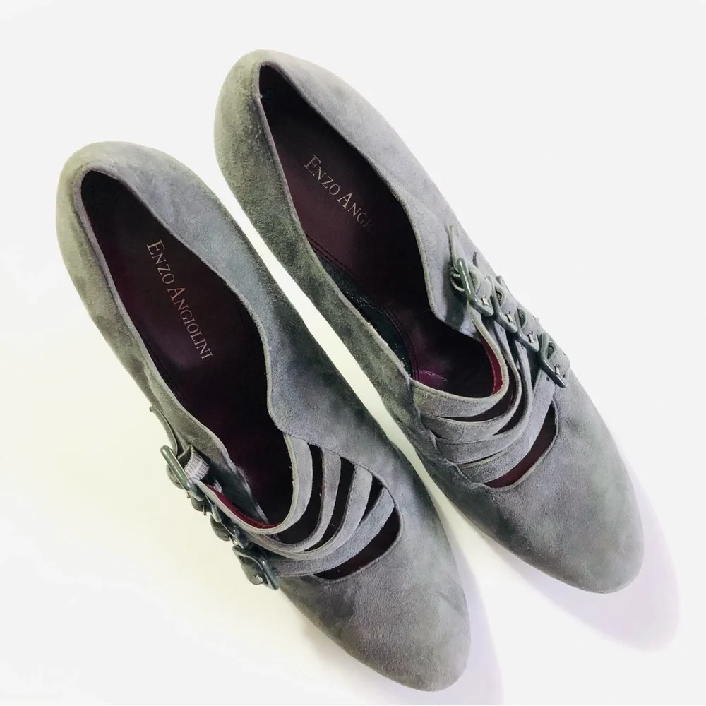 Enzo Angiolini Calandra Gray Suede Buckle Pumps